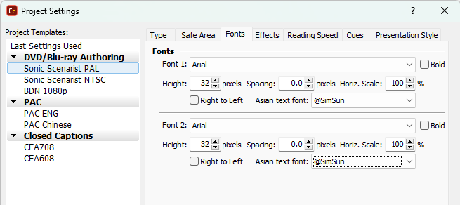 &nbsp;Project Properties – Fonts Page (Native mode)