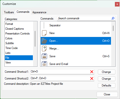 &nbsp;Customize Dialog - Commands Tab
