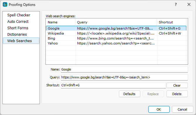 &nbsp;Configure the WEB Search Engines