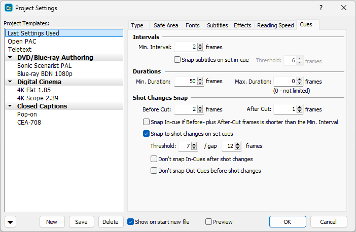 &nbsp;Project Properties - Cues